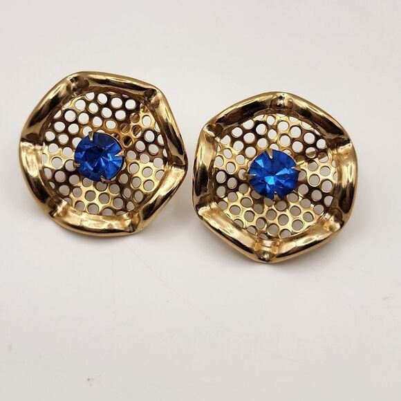 Vintage Brass Tone Blue Stone Crystal Clip Earrings Gold Tone Costume - Picture 1 of 4